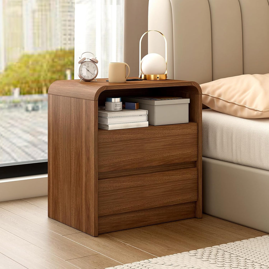 Modern Nightstand Set of 2 with Charging Station | 23.6” Mid-Century Side Tables with Curved Design