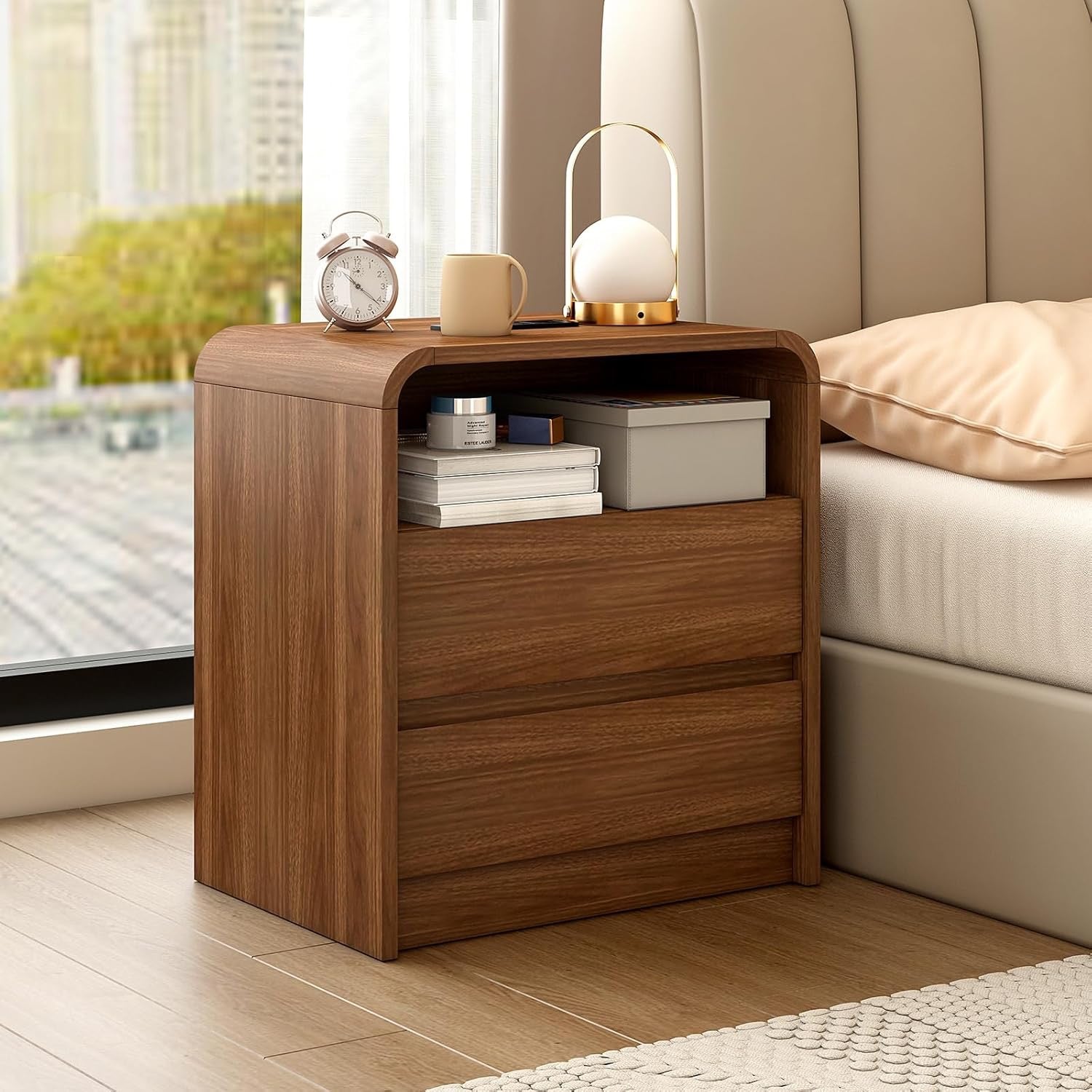 Modern Nightstand Set of 2 with Charging Station | 23.6” Mid-Century Side Tables with Curved Design