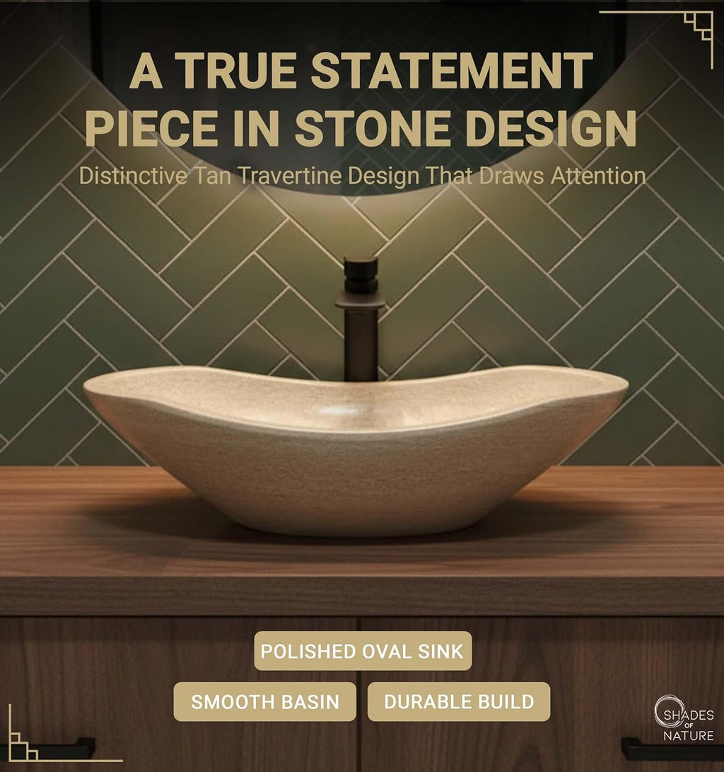 Shades of Nature Travertine Vessel Sink | Hand-Carved Oval Above Counter Bathroom Vanity Basin