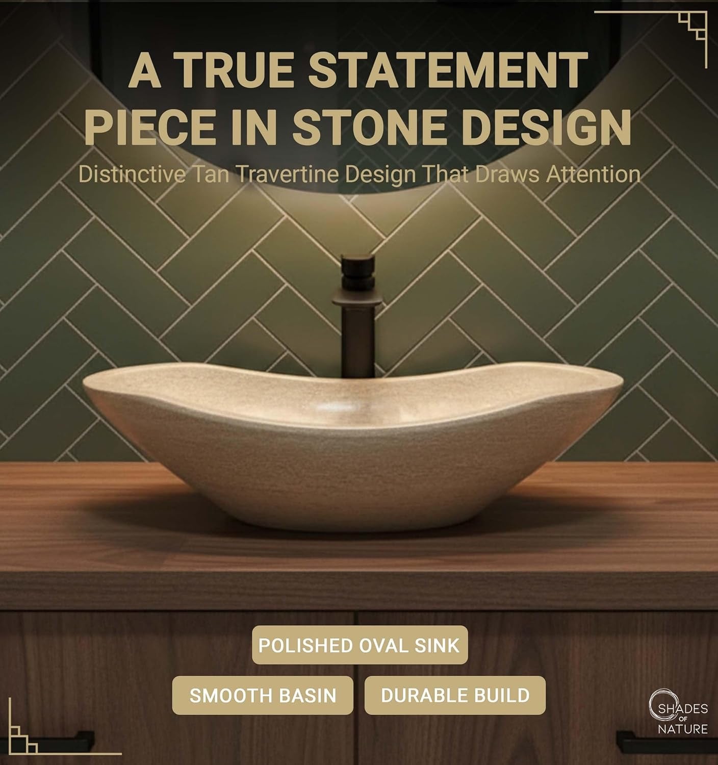 Shades of Nature Travertine Vessel Sink | Hand-Carved Oval Above Counter Bathroom Vanity Basin
