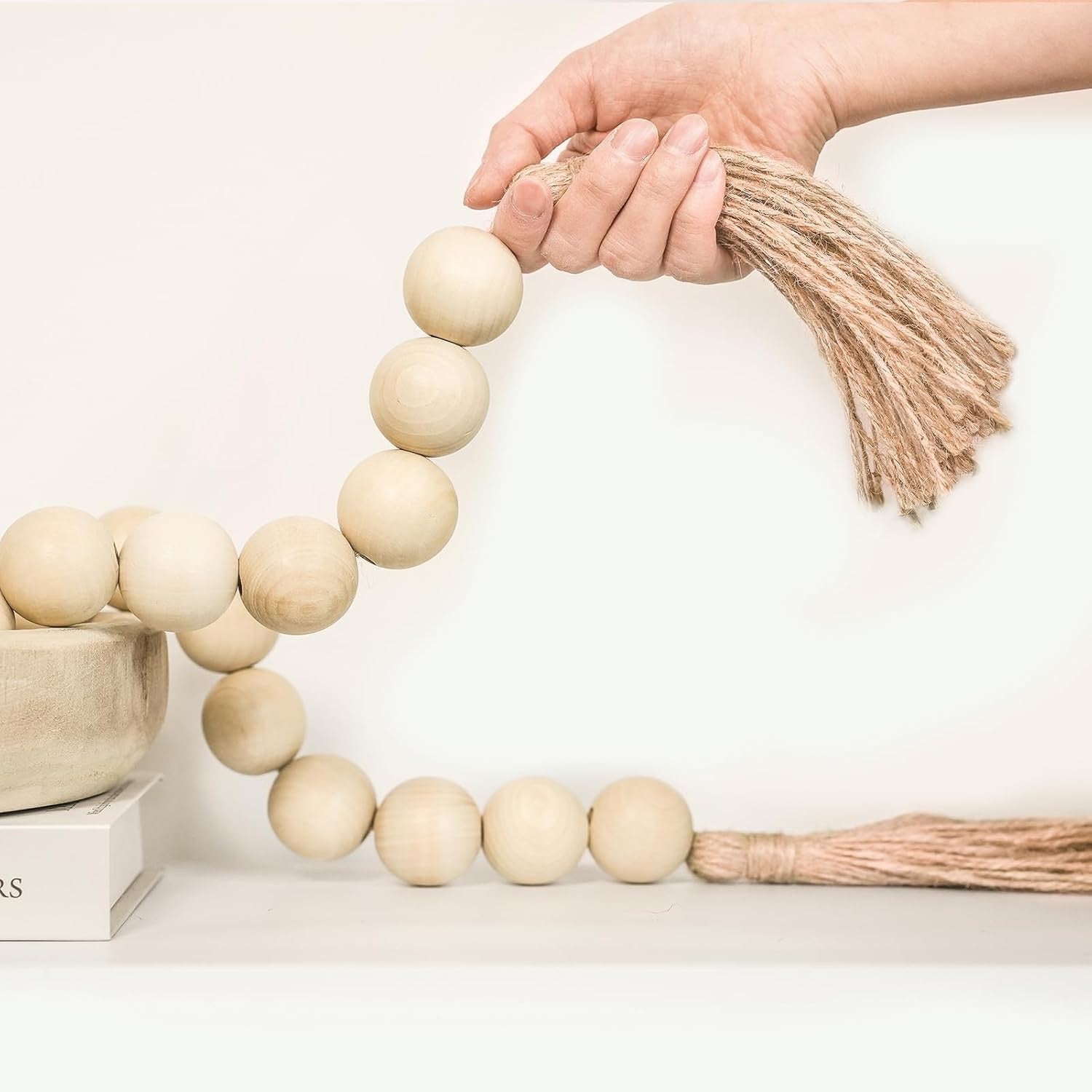 Extra Large Natural Wood Bead Garland with Tassels | 41” Decorative Wooden Beads for Tray & Table Styling