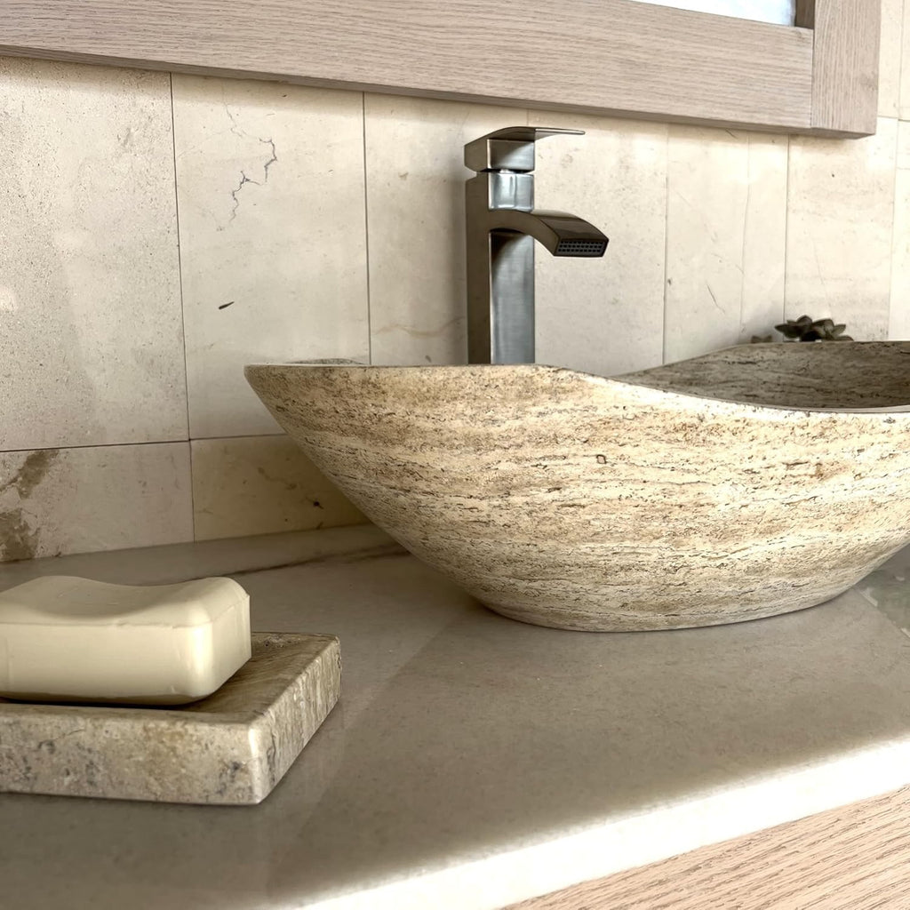 Shades of Nature Travertine Vessel Sink | Hand-Carved Oval Above Counter Bathroom Vanity Basin