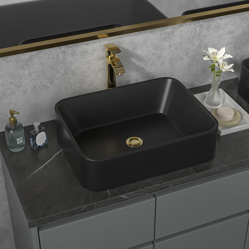 Sarlai 19” x 15” Black Rectangular Vessel Sink | Modern Above Counter Porcelain Ceramic Vanity Basin