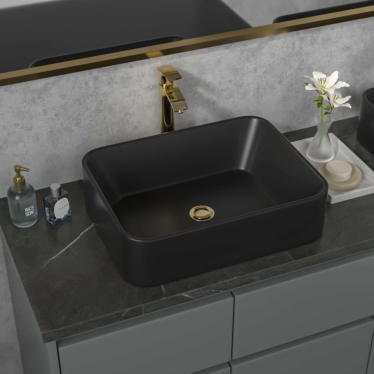 Sarlai 19” x 15” Black Rectangular Vessel Sink | Modern Above Counter Porcelain Ceramic Vanity Basin