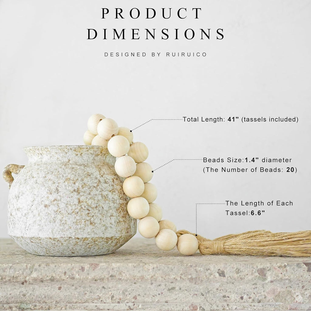 Extra Large Natural Wood Bead Garland with Tassels | 41” Decorative Wooden Beads for Tray & Table Styling