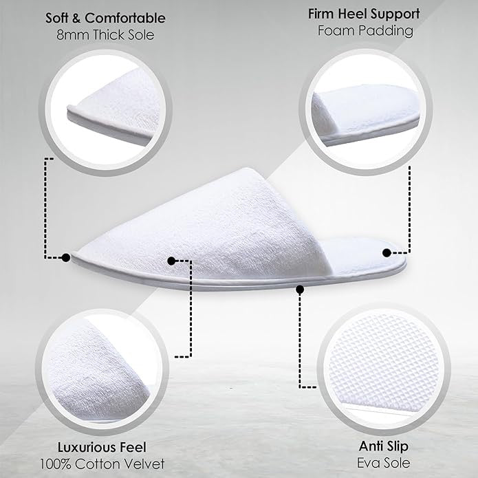 Modlux Spa Slippers (12 Pairs) | Disposable Hotel Slippers, Closed Toe, White