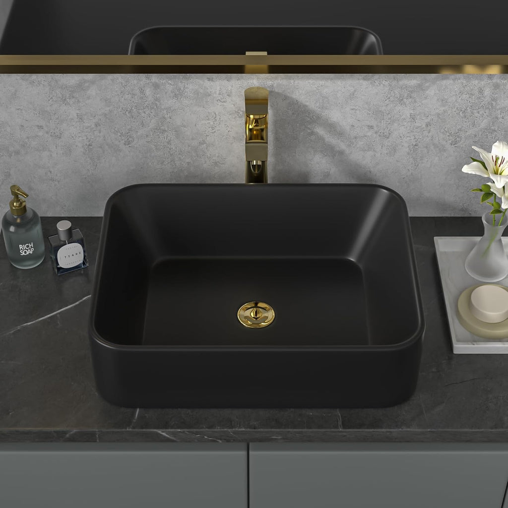 Sarlai 19” x 15” Black Rectangular Vessel Sink | Modern Above Counter Porcelain Ceramic Vanity Basin