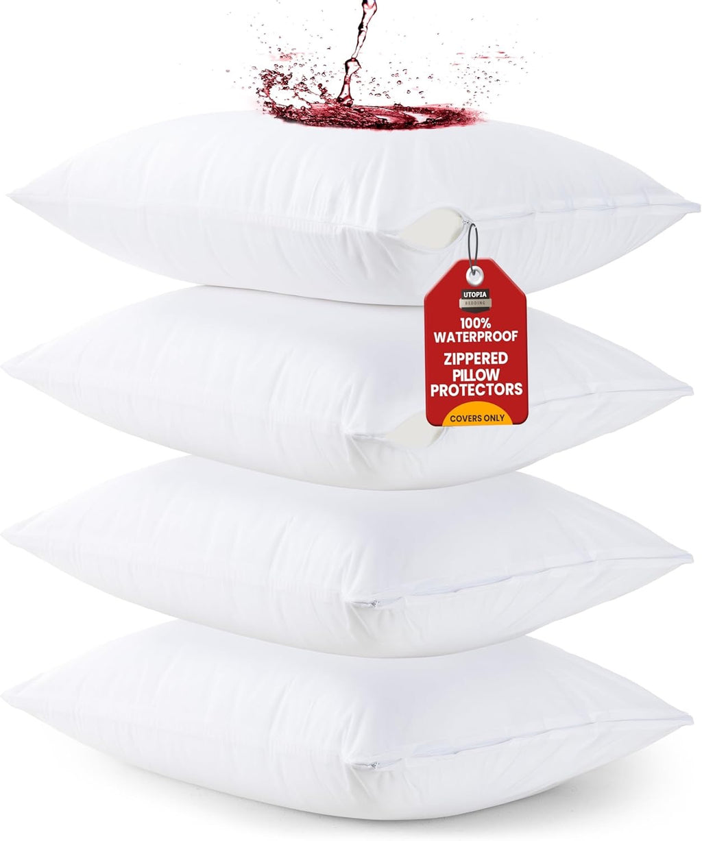 Utopia Bedding Waterproof Pillow Protectors (Queen, Set of 4) | Zippered, Hotel-Grade Encasements