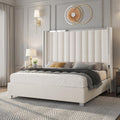 Jocisland King Velvet Platform Bed | Cream Channel-Tufted Wingback Headboard (58")