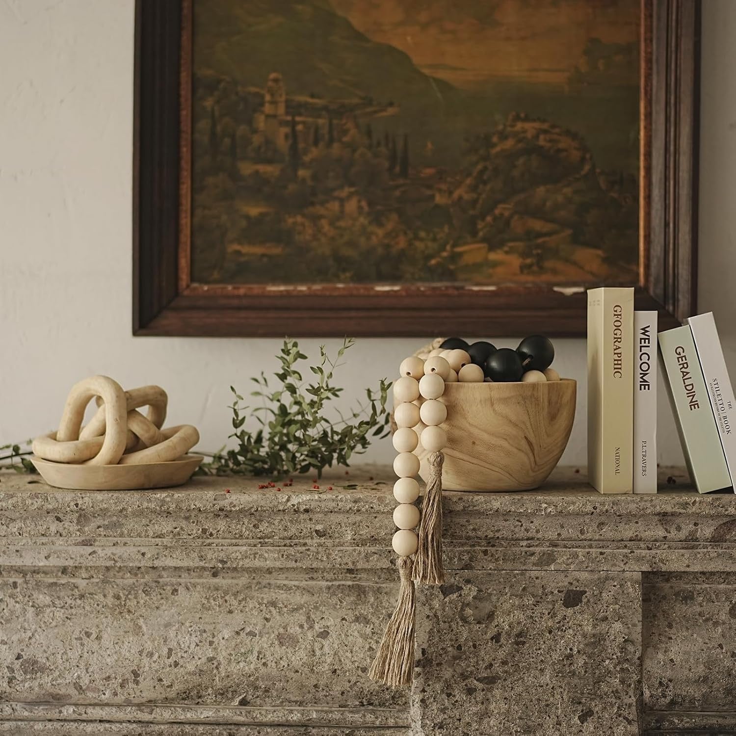 Extra Large Natural Wood Bead Garland with Tassels | 41” Decorative Wooden Beads for Tray & Table Styling