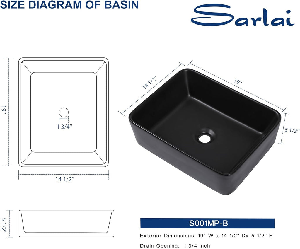 Sarlai 19” x 15” Black Rectangular Vessel Sink | Modern Above Counter Porcelain Ceramic Vanity Basin
