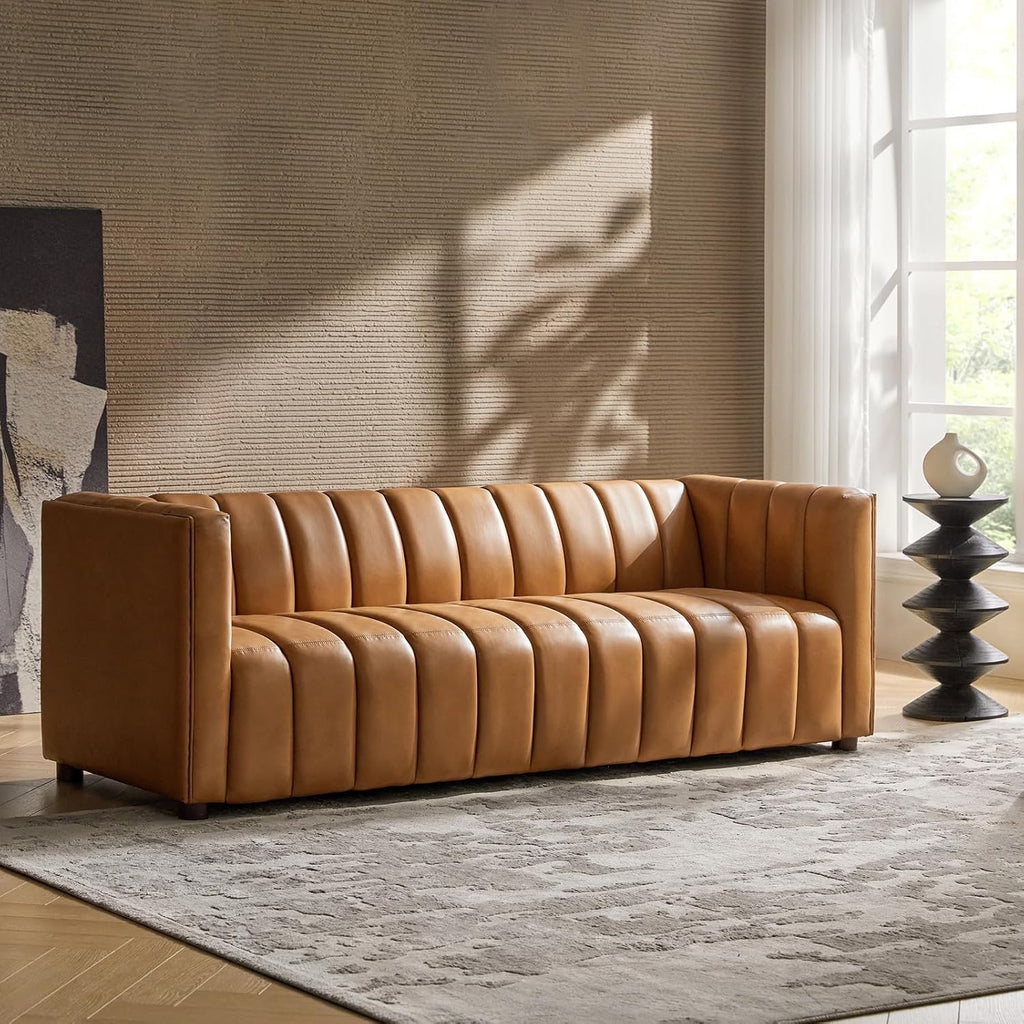 HULALA HOME 83" Genuine Leather Sofa | Channel Tufted 3-Seater Modern Camel Couch with Wood Legs
