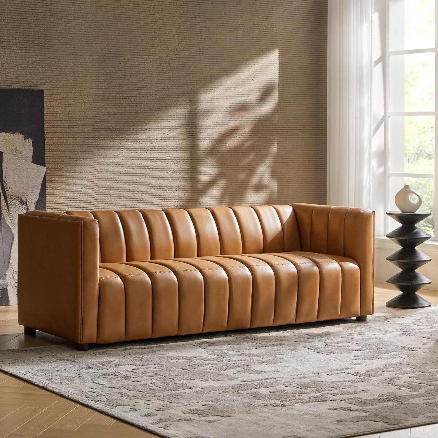 HULALA HOME 83" Genuine Leather Sofa | Channel Tufted 3-Seater Modern Camel Couch with Wood Legs