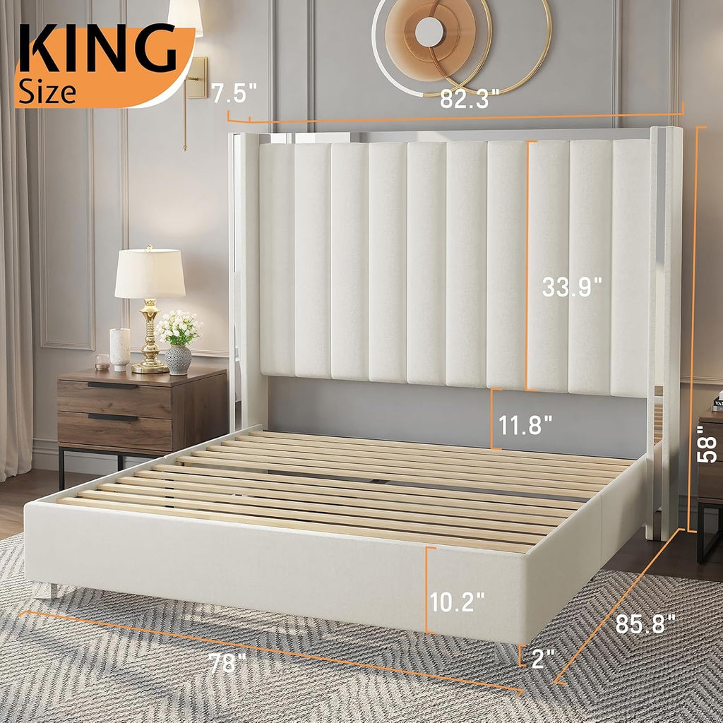 Jocisland King Velvet Platform Bed | Cream Channel-Tufted Wingback Headboard (58")