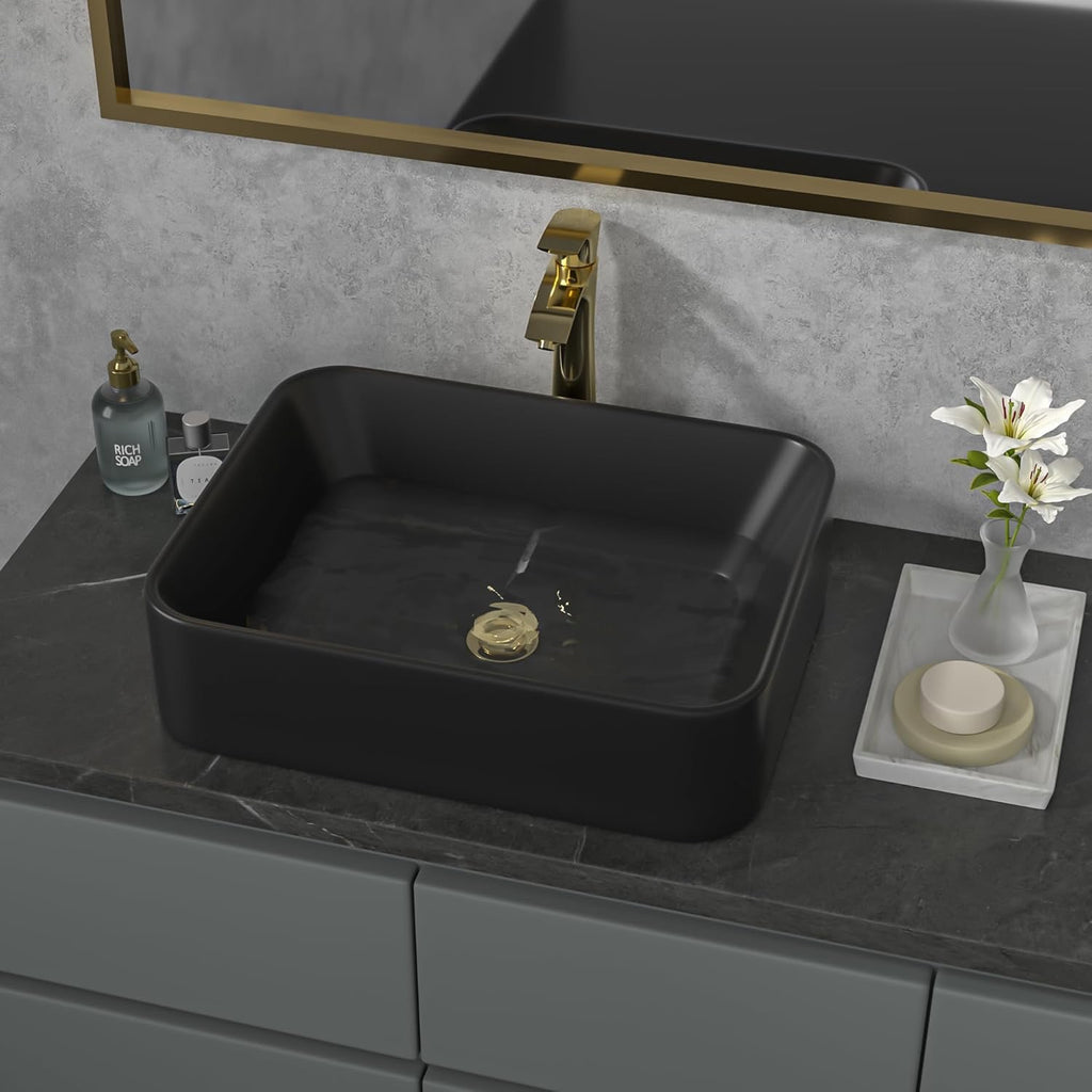 Sarlai 19” x 15” Black Rectangular Vessel Sink | Modern Above Counter Porcelain Ceramic Vanity Basin