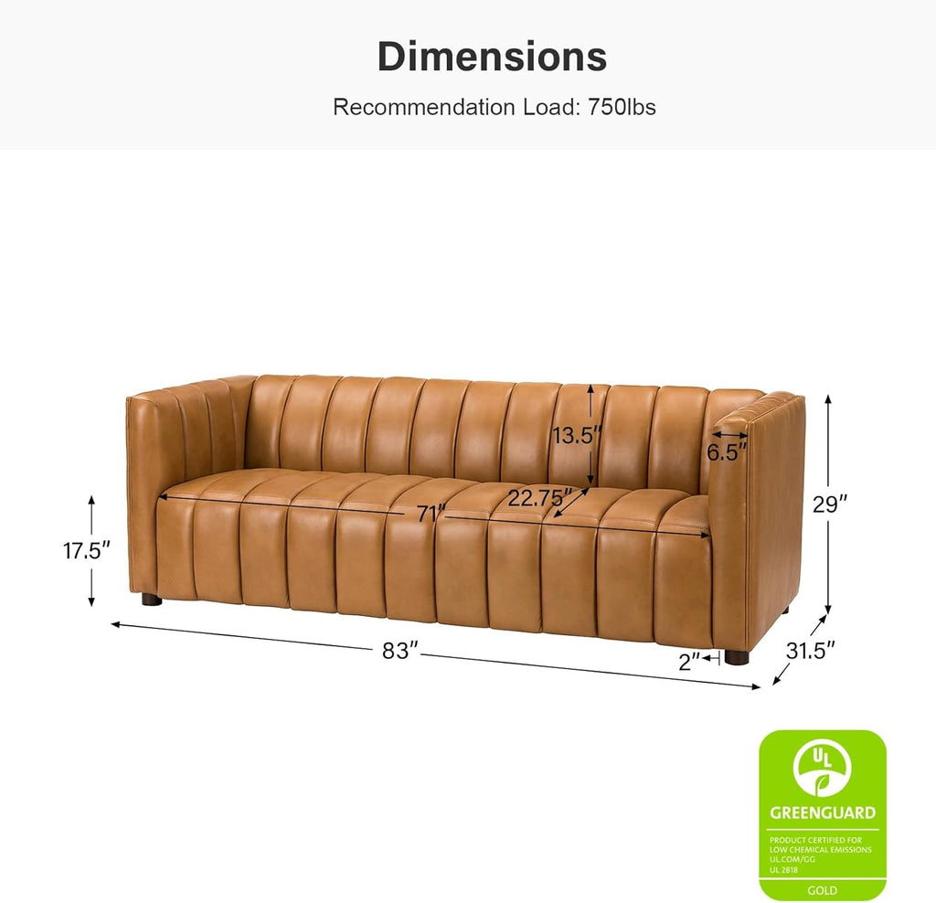 HULALA HOME 83" Genuine Leather Sofa | Channel Tufted 3-Seater Modern Camel Couch with Wood Legs