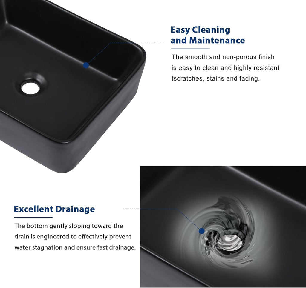 Sarlai 19” x 15” Black Rectangular Vessel Sink | Modern Above Counter Porcelain Ceramic Vanity Basin