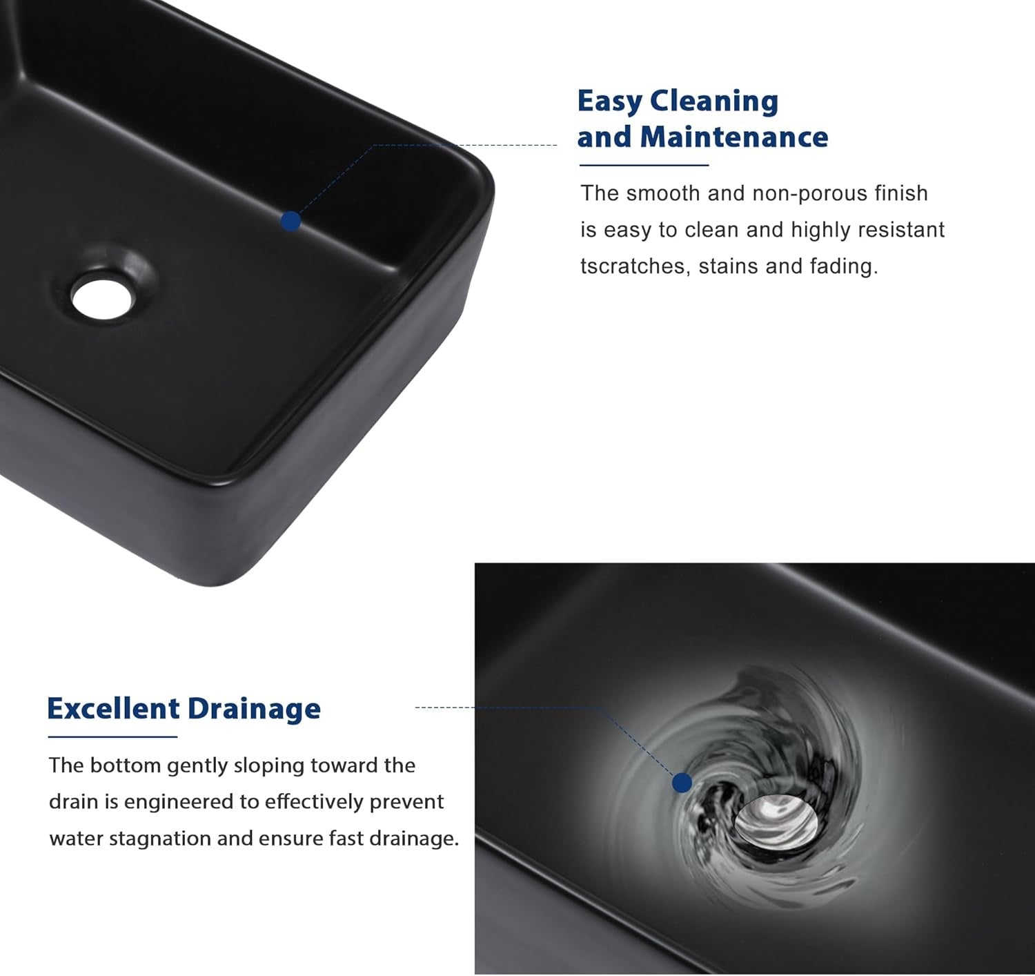Sarlai 19” x 15” Black Rectangular Vessel Sink | Modern Above Counter Porcelain Ceramic Vanity Basin