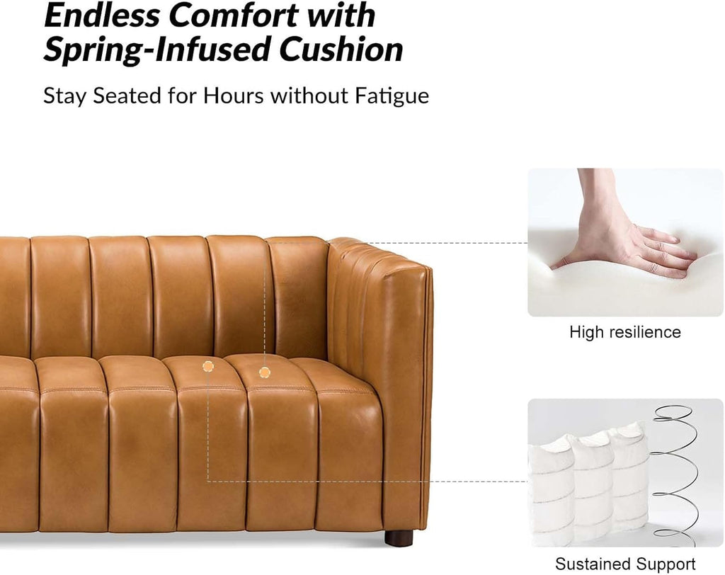HULALA HOME 83" Genuine Leather Sofa | Channel Tufted 3-Seater Modern Camel Couch with Wood Legs