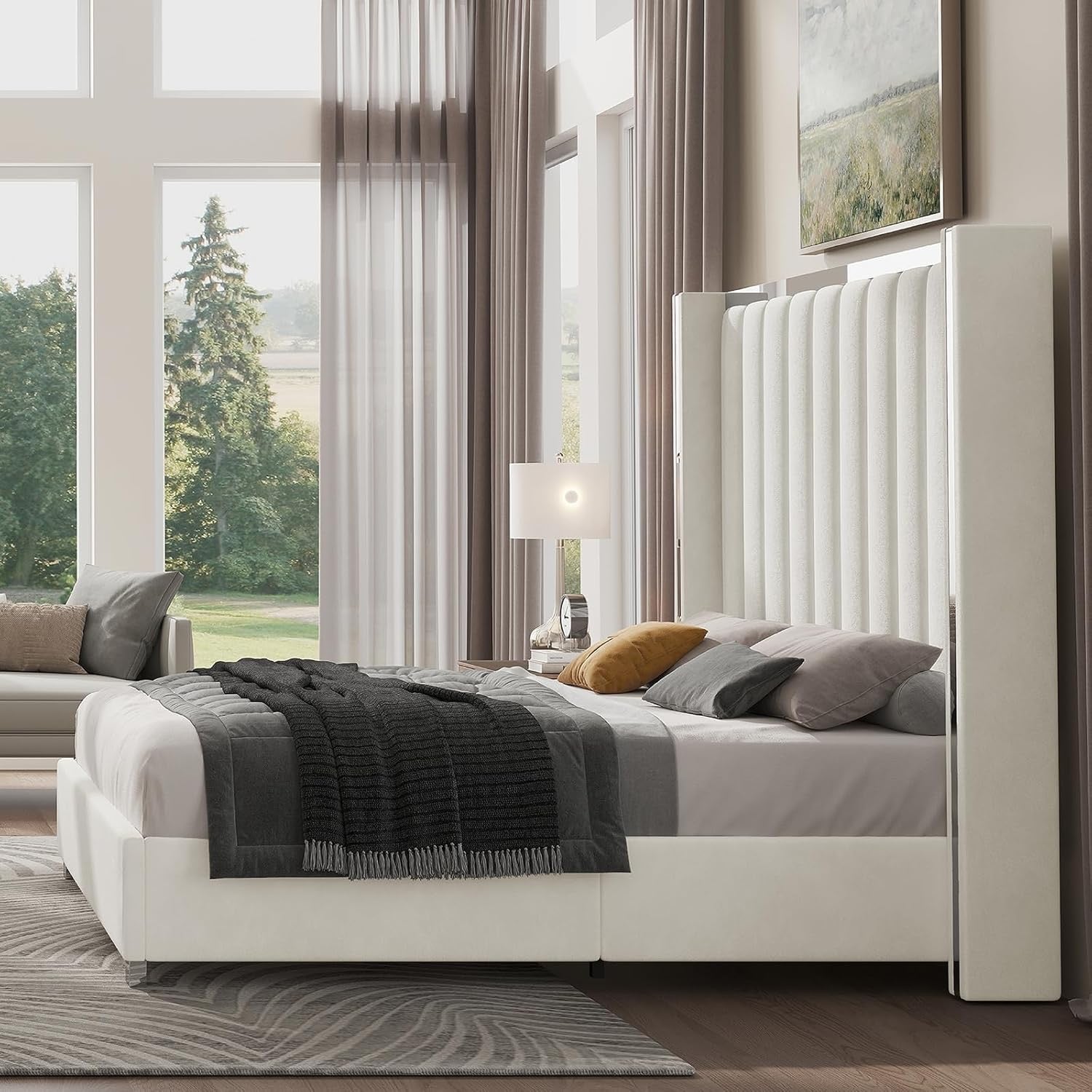 Jocisland King Velvet Platform Bed | Cream Channel-Tufted Wingback Headboard (58")