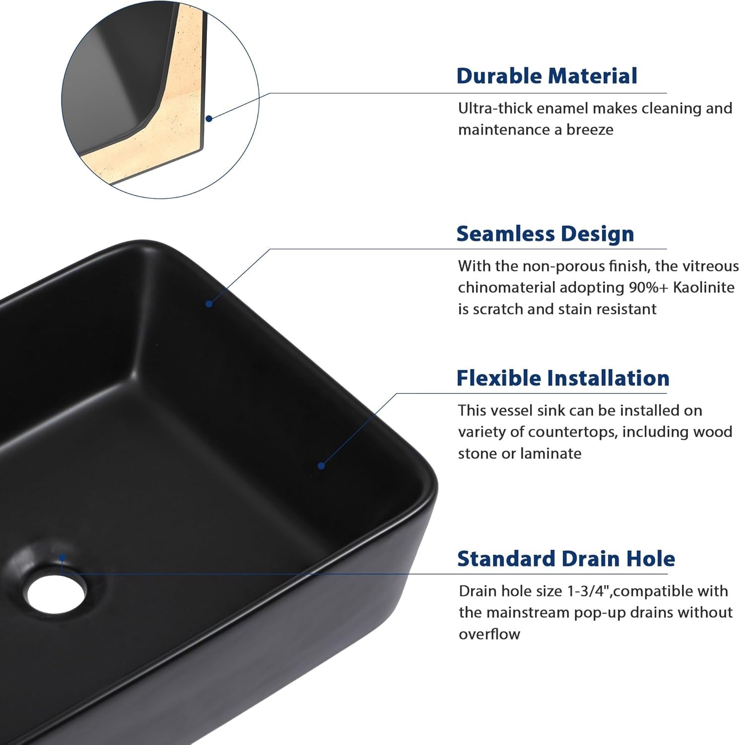 Sarlai 19” x 15” Black Rectangular Vessel Sink | Modern Above Counter Porcelain Ceramic Vanity Basin