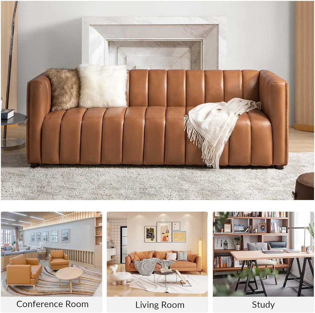 HULALA HOME 83" Genuine Leather Sofa | Channel Tufted 3-Seater Modern Camel Couch with Wood Legs