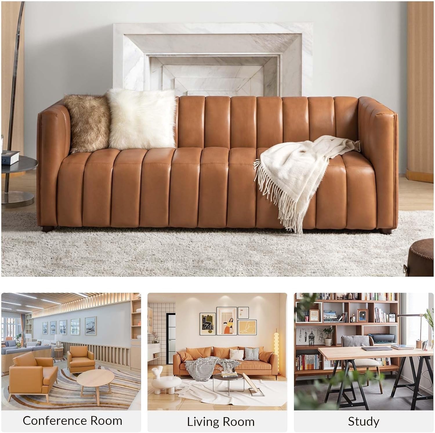HULALA HOME 83" Genuine Leather Sofa | Channel Tufted 3-Seater Modern Camel Couch with Wood Legs