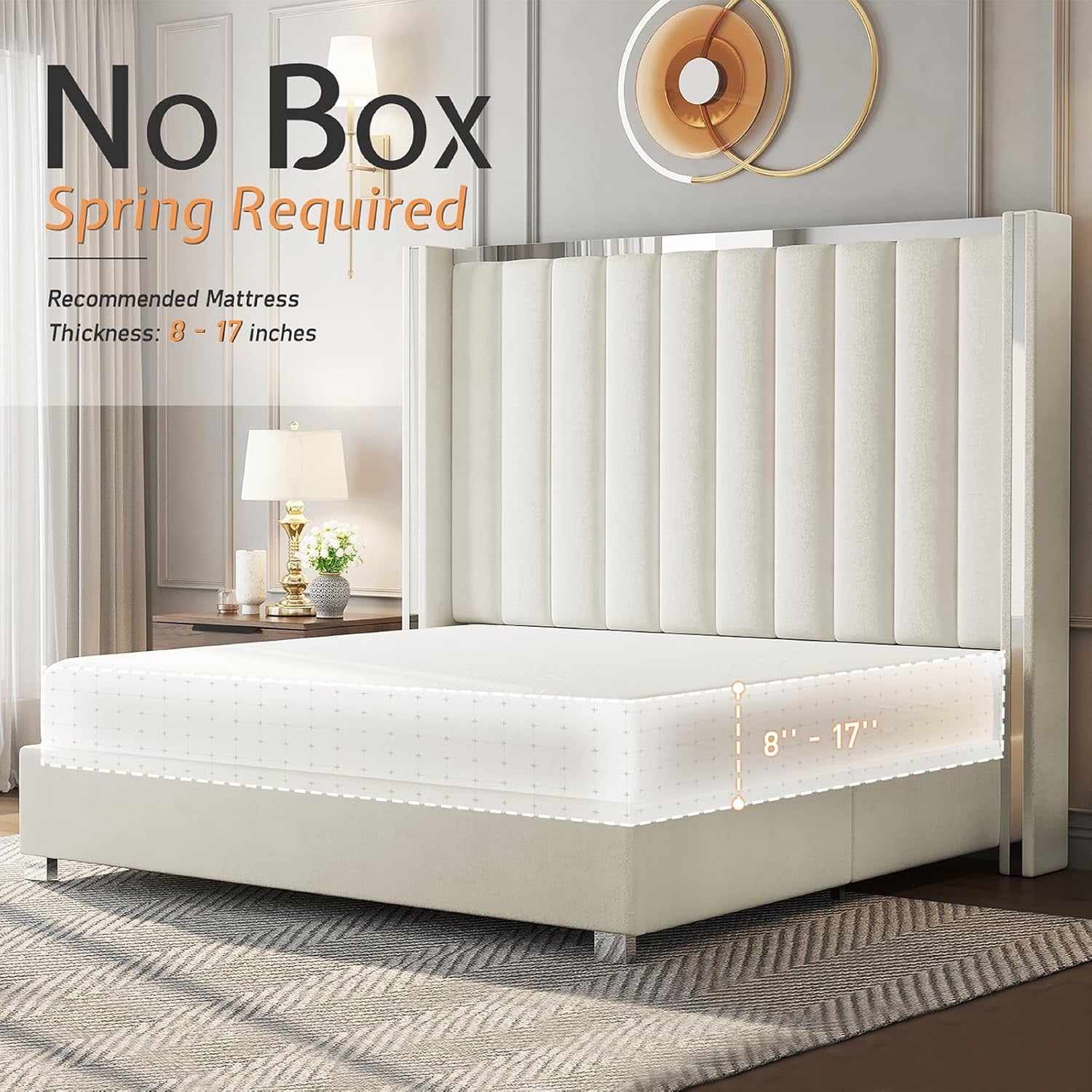 Jocisland King Velvet Platform Bed | Cream Channel-Tufted Wingback Headboard (58")