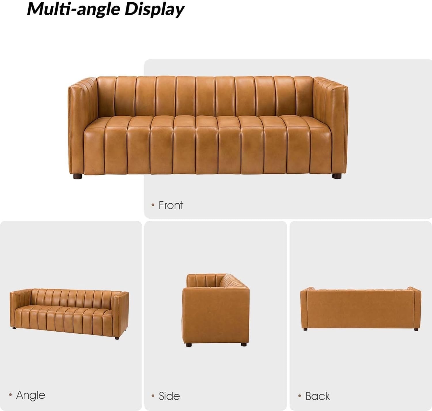 HULALA HOME 83" Genuine Leather Sofa | Channel Tufted 3-Seater Modern Camel Couch with Wood Legs
