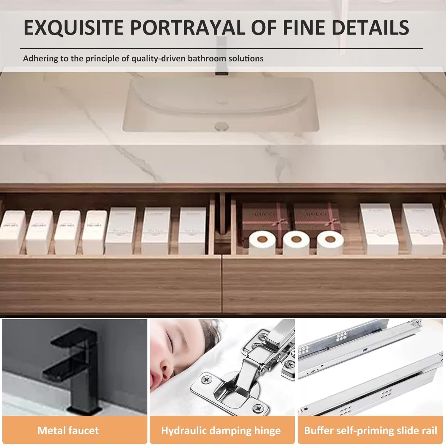 Floating Wood Bathroom Vanity – 36" with LED Mirror | Marble Countertop | 2 Deep Drawers + Open Shelf
