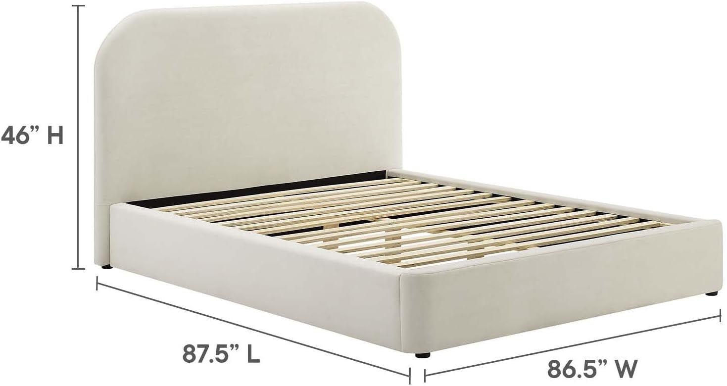 Modway Keynote King Upholstered Platform Bed | Curved Low-Profile Alabaster Velvet Cloud Frame