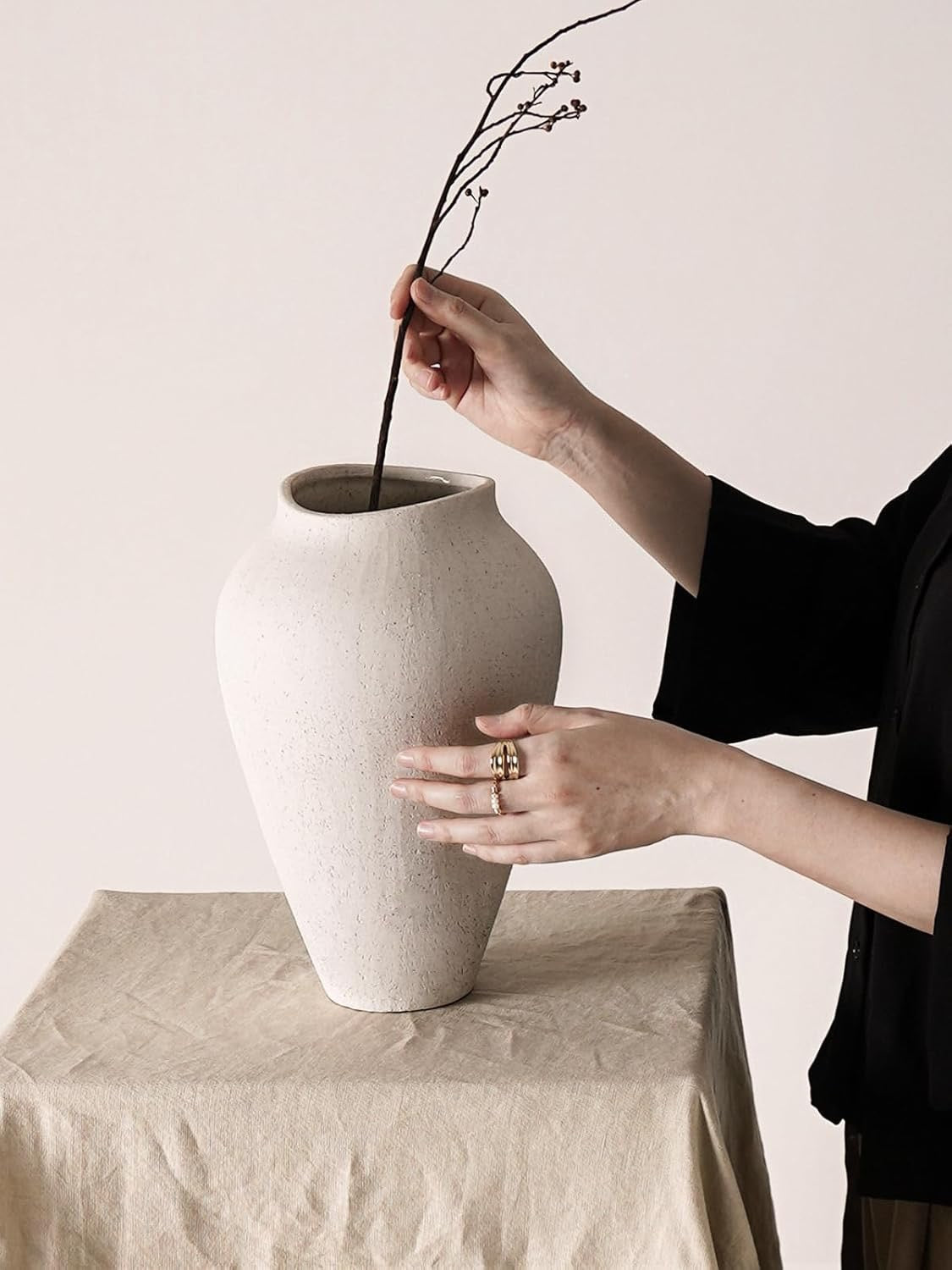 White Ceramic Floor Vase | 11.8" Sandstone Textured Decorative Vase