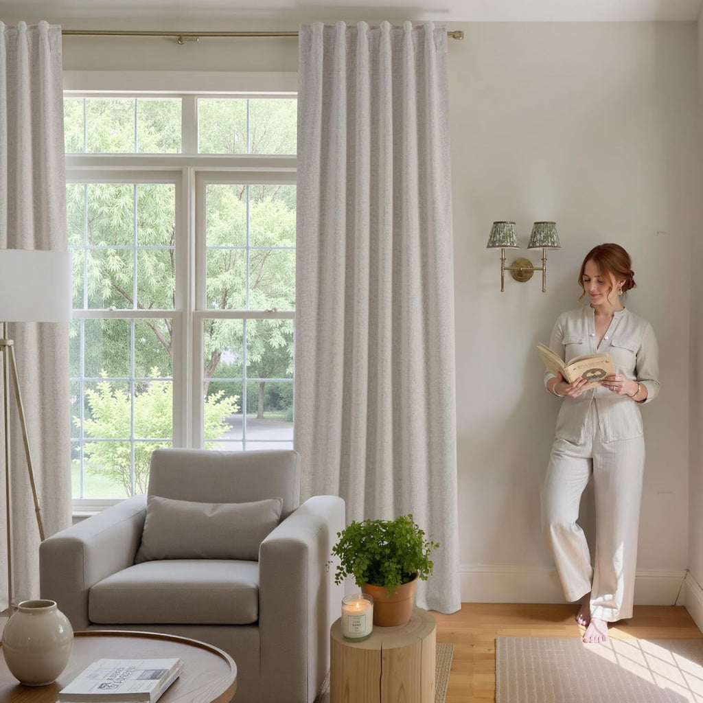 NICETOWN 100% Blackout Linen Curtains – 90-Inch Natural Linen Thermal Insulated Drapery Panels