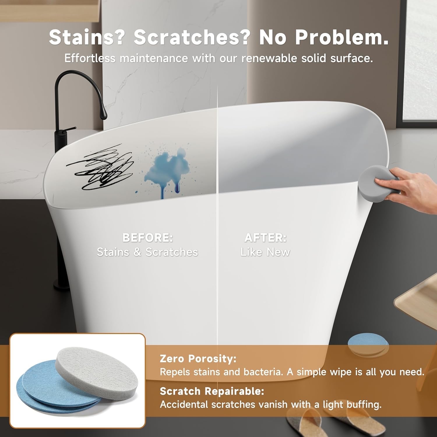 51-Inch Japanese Soaking Tub – Freestanding Stone Resin Deep Soaking Bathtub with Built-In Seat