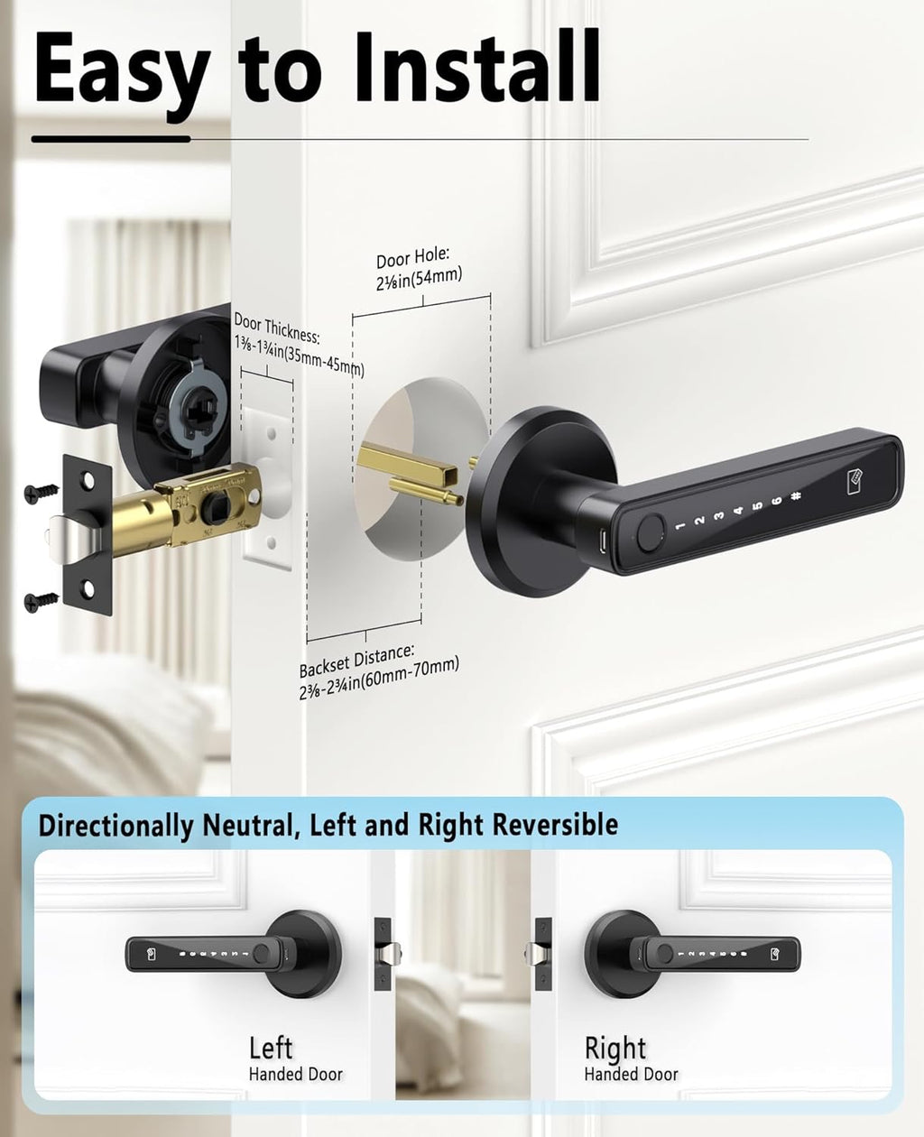 Asidrama Smart Fingerprint Door Lock | Keyless Entry Biometric Keypad Handle with App Access (Black)