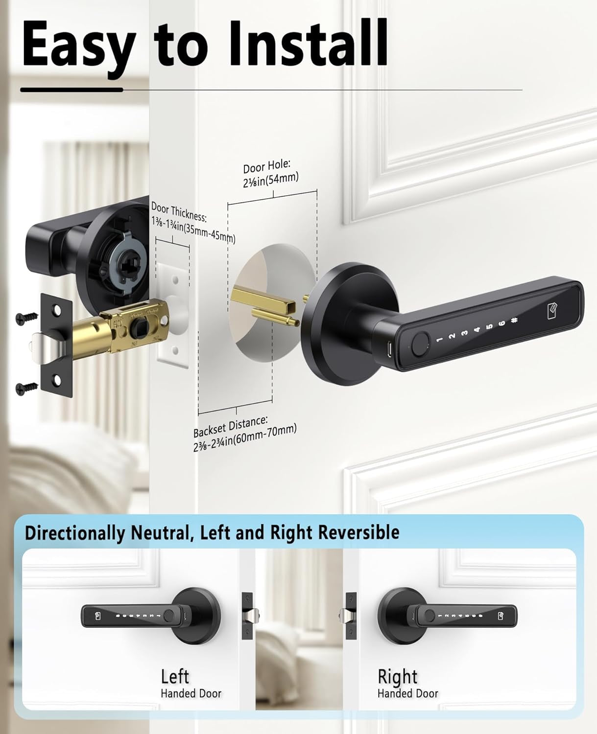 Asidrama Smart Fingerprint Door Lock | Keyless Entry Biometric Keypad Handle with App Access (Black)