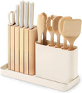 Caraway Kitchen Prep Set (14-Piece) | Premium Knife & Wooden Utensil Set with Organizer (Cream)