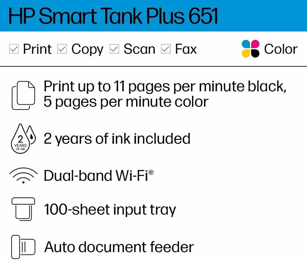 HP Smart Tank Plus 651 Wireless All-in-One Printer | Ink Tank, Mobile Print, Scan, Copy & Fax