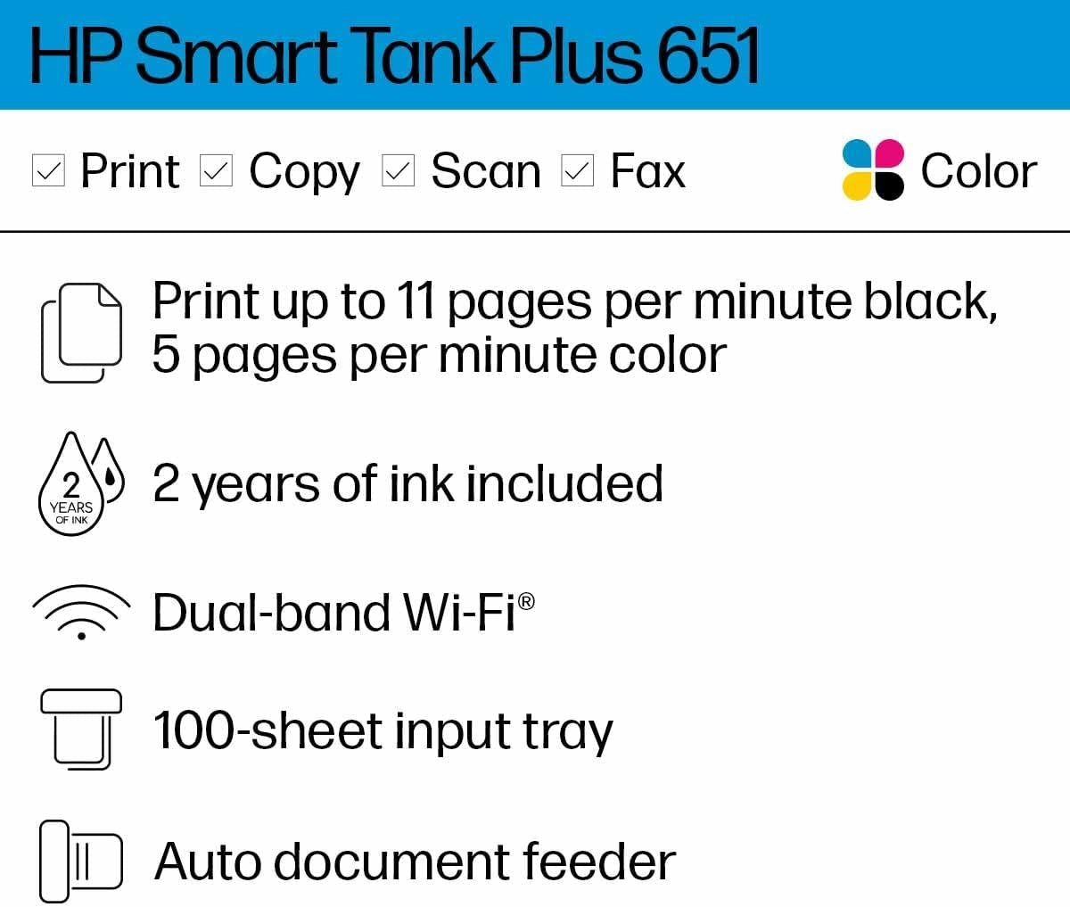 HP Smart Tank Plus 651 Wireless All-in-One Printer | Ink Tank, Mobile Print, Scan, Copy & Fax
