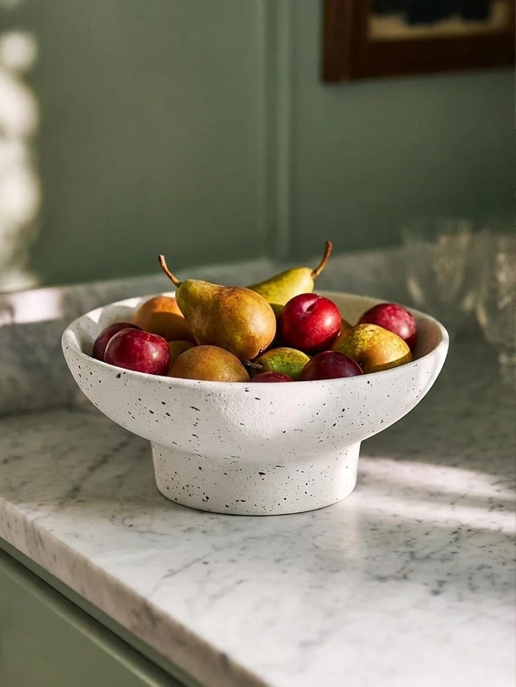 LE TAUCI 10” Ceramic Decorative Pedestal Bowl | Speckled White Modern Farmhouse Entryway & Kitchen Centerpiece