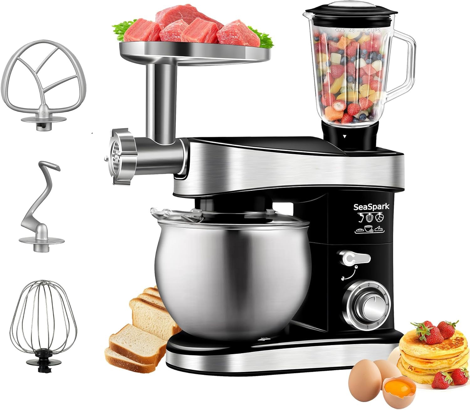 Professional 6-in-1 Stand Mixer 6.3Qt | Tilt-Head Kitchen Mixer with Meat Grinder & Juice Blender (Black)