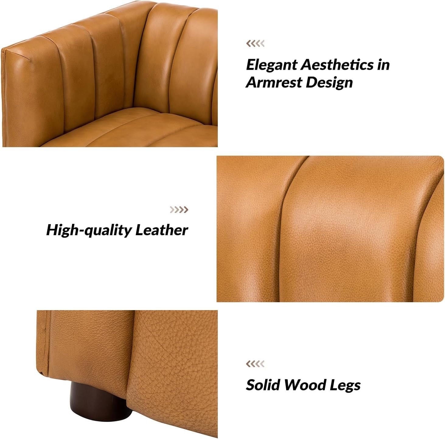 HULALA HOME 83" Genuine Leather Sofa | Channel Tufted 3-Seater Modern Camel Couch with Wood Legs