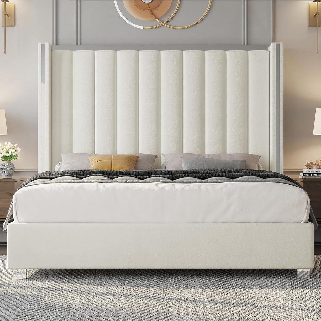 Jocisland King Velvet Platform Bed | Cream Channel-Tufted Wingback Headboard (58")