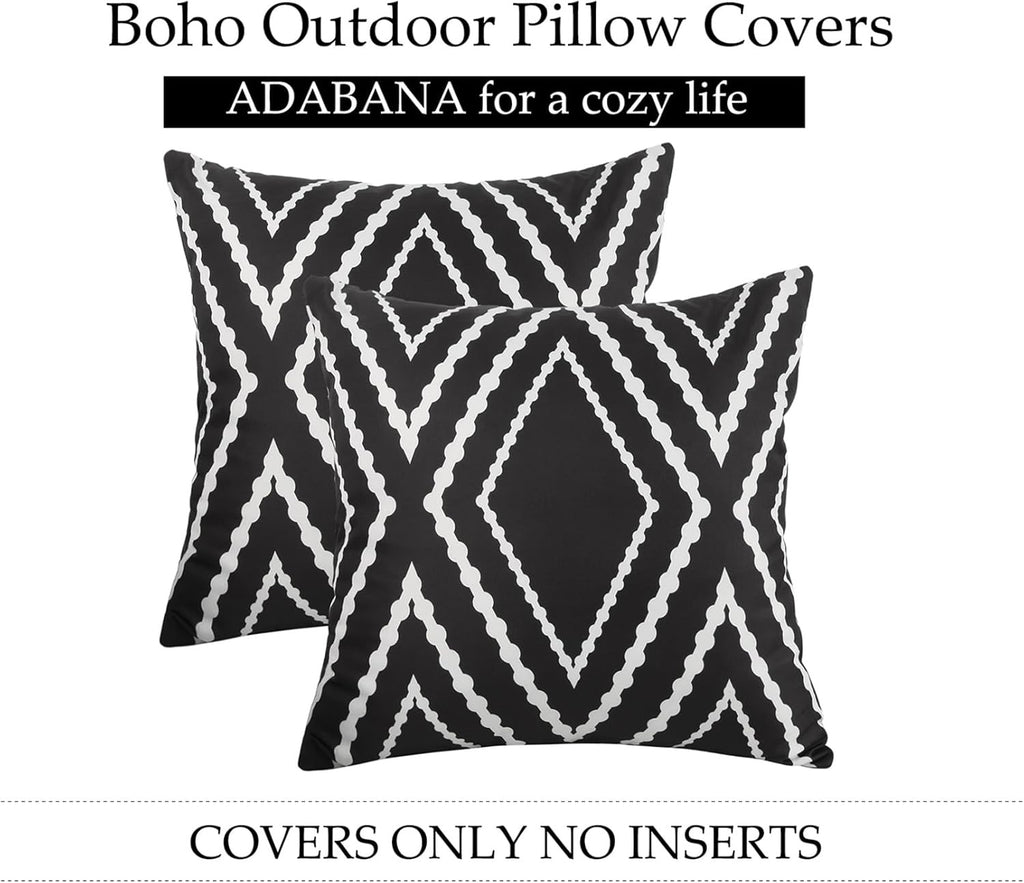 Adabana Outdoor Boho Geometric Pillow Covers 18” x 18” | Waterproof Black & White Patio Throw Covers (Set of 2)