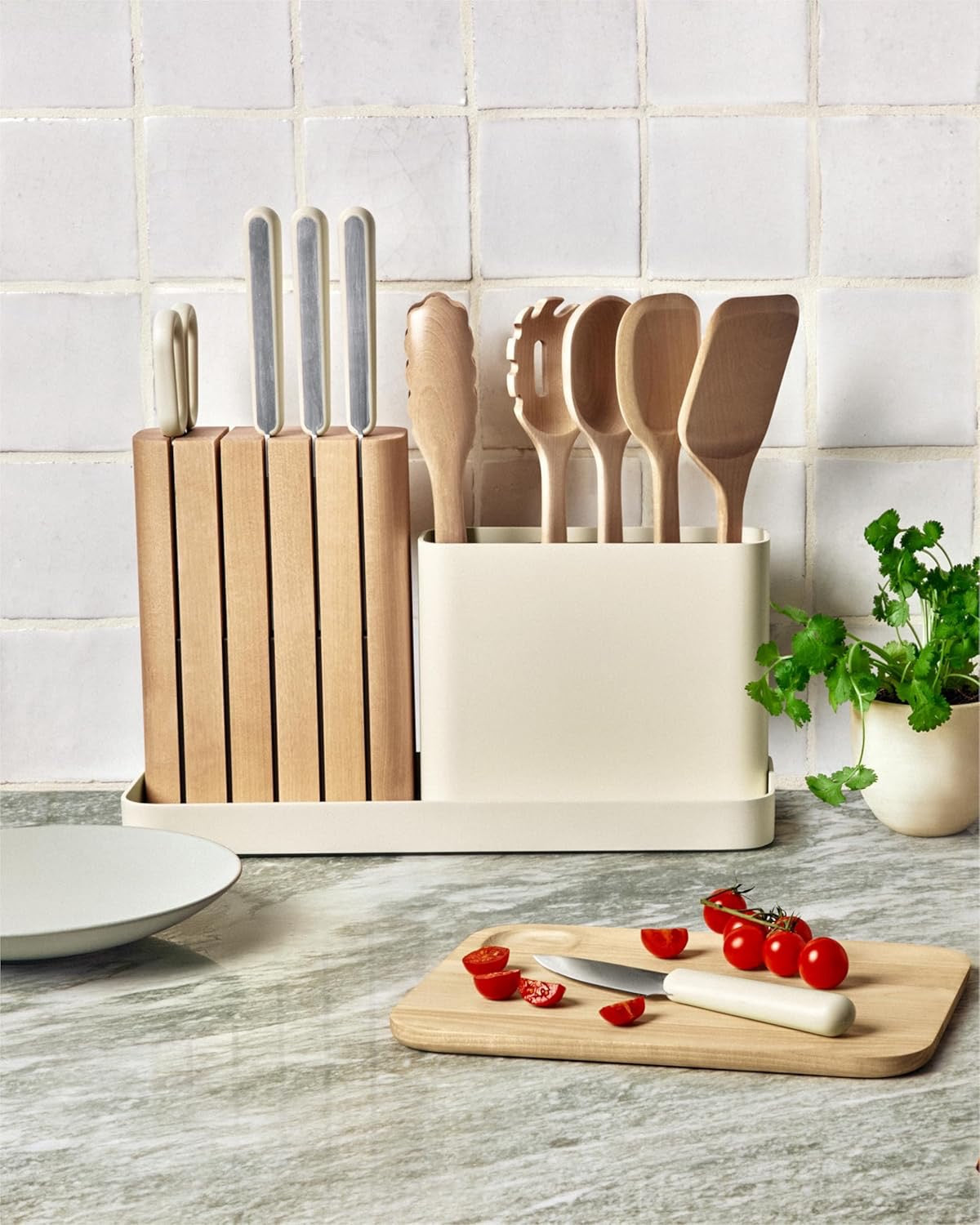 Caraway Kitchen Prep Set (14-Piece) | Premium Knife & Wooden Utensil Set with Organizer (Cream)