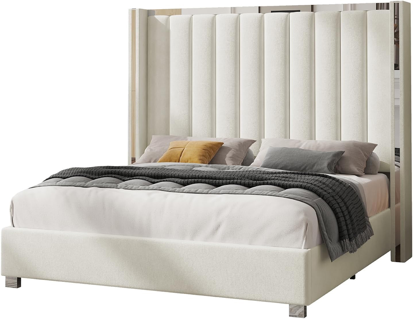 Jocisland King Velvet Platform Bed | Cream Channel-Tufted Wingback Headboard (58")