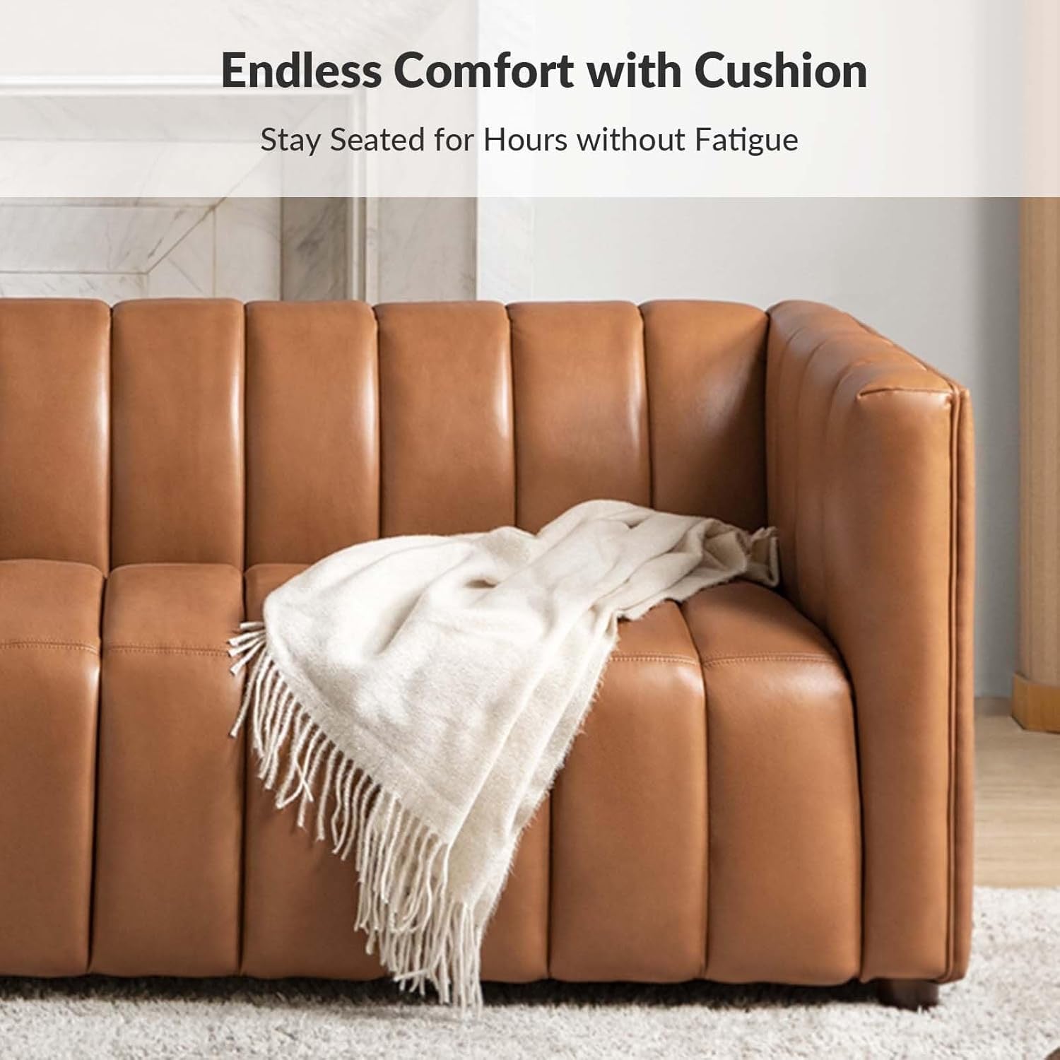 HULALA HOME 83" Genuine Leather Sofa | Channel Tufted 3-Seater Modern Camel Couch with Wood Legs
