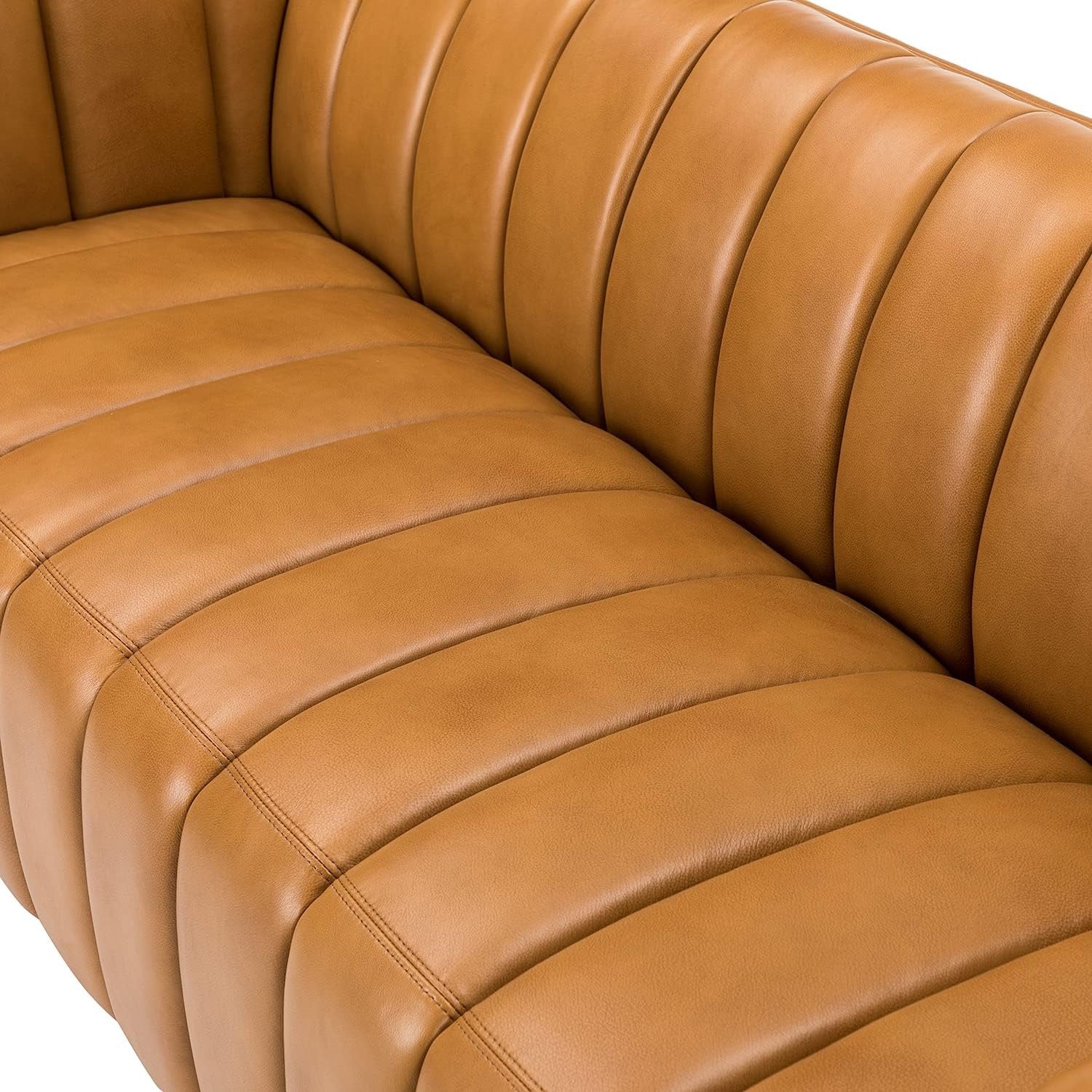 HULALA HOME 83" Genuine Leather Sofa | Channel Tufted 3-Seater Modern Camel Couch with Wood Legs