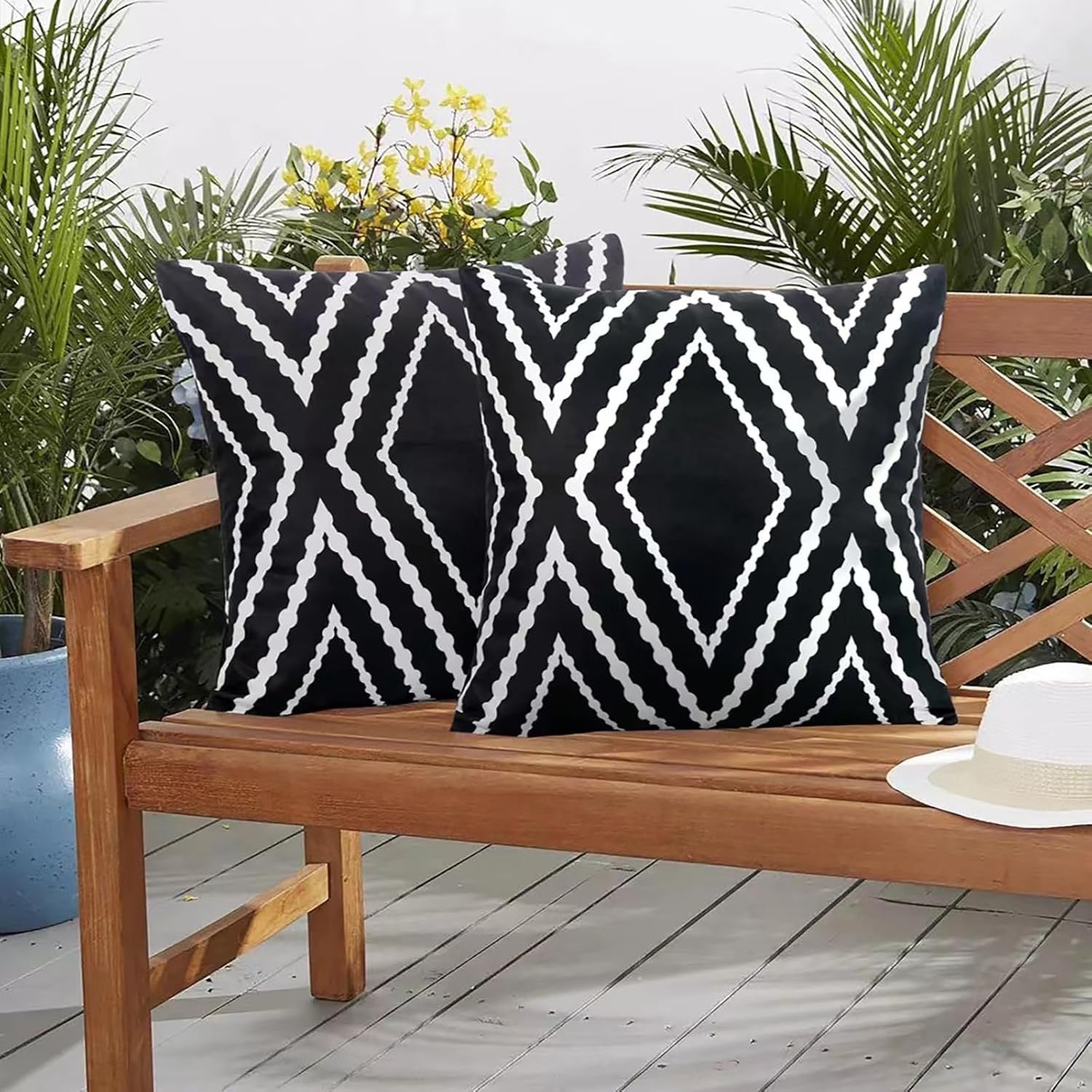 Adabana Outdoor Boho Geometric Pillow Covers 18” x 18” | Waterproof Black & White Patio Throw Covers (Set of 2)