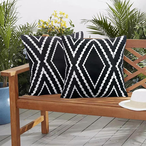 Adabana Outdoor Boho Geometric Pillow Covers 18” x 18” | Waterproof Black & White Patio Throw Covers (Set of 2)